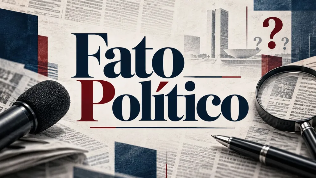 Arte horizontal criada como identidade da coluna Fato Político, com tipografia editorial, elementos da imprensa e interrogações que remetem à análise dos bastidores políticos.