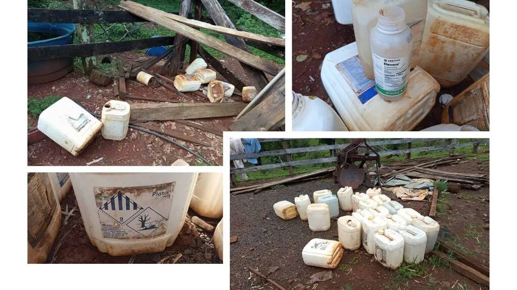 Montagem de quatro fotos mostra embalagens de agrotóxicos sobre o solo, próximas a cercas e estruturas de madeira em uma propriedade rural de Candói, além de detalhes dos rótulos dos produtos.