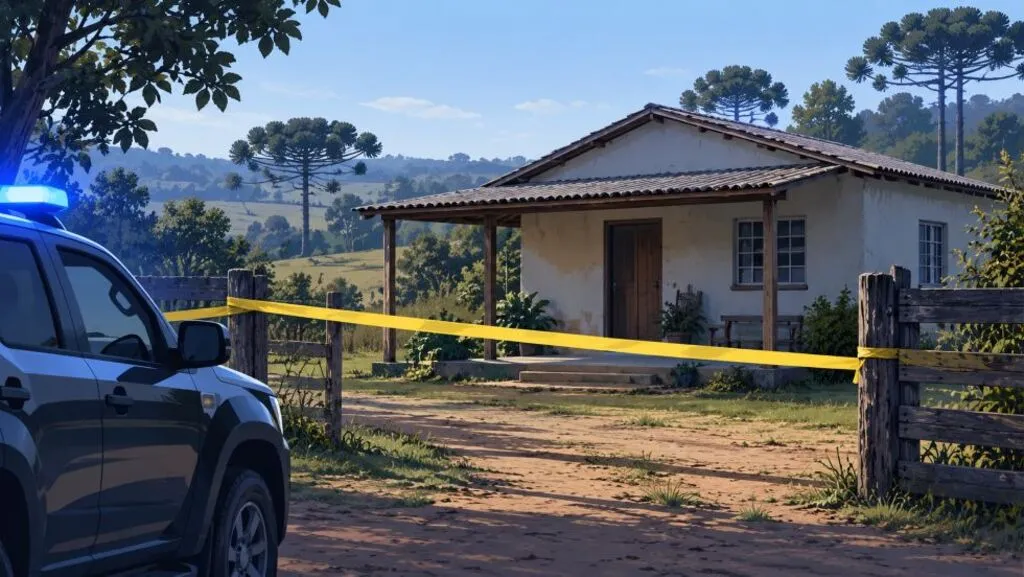 Ilustração de uma casa em área rural, com fita amarela de isolamento na entrada e parte de uma viatura com luz azul à esquerda. Araucárias compõem a paisagem ao fundo.