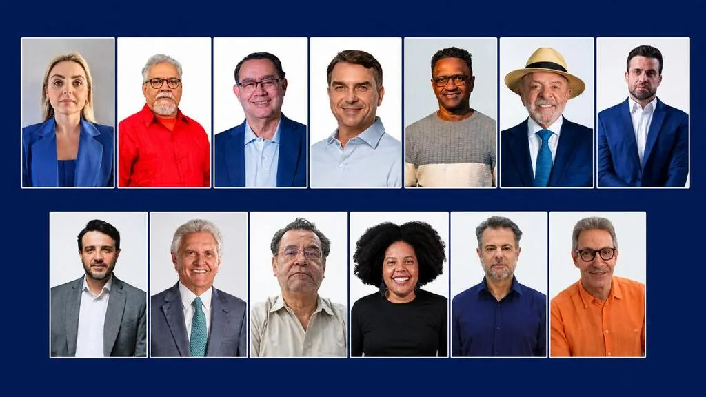 Montagem horizontal reúne os retratos dos 13 candidatos registrados para disputar a Presidência da República nas Eleições 2026, organizados em duas fileiras sobre fundo azul-escuro.