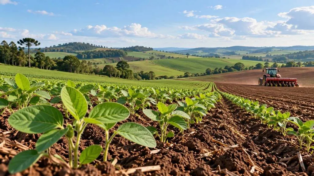 Ilustração de plantas jovens de soja em fileiras, com trator e semeadora ao fundo, em paisagem rural de relevo ondulado e araucárias.