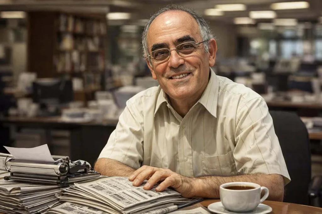 Humberto Pinho da Silva sorrindo em uma redação, sentado à mesa com jornais, máquina de escrever e uma xícara de café.