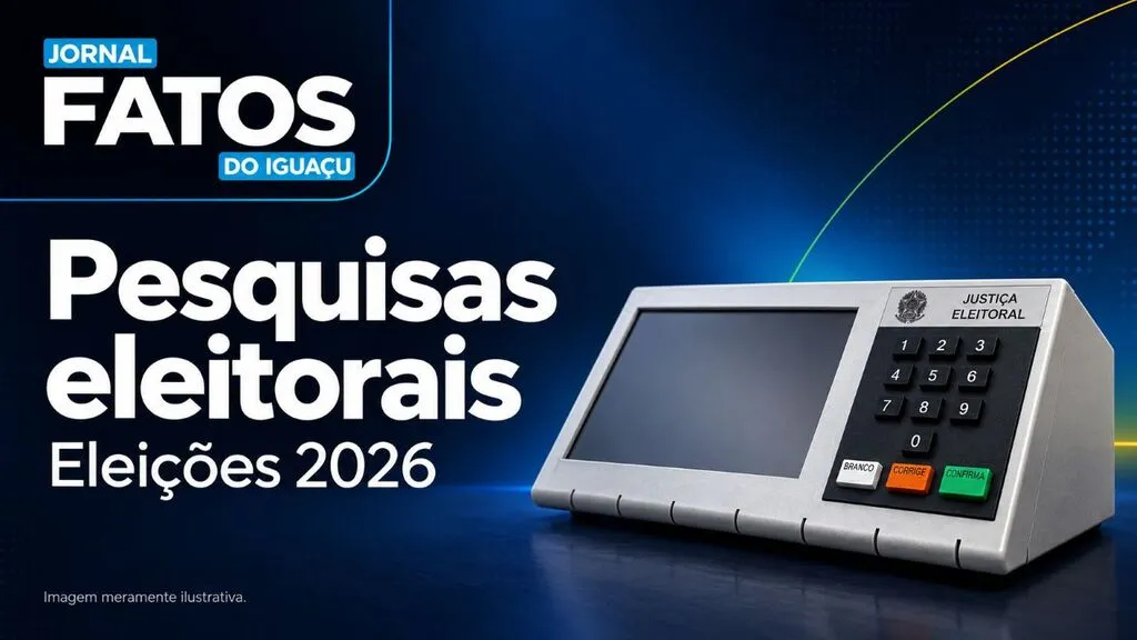 Arte em fundo azul com o logotipo do Jornal Fatos do Iguaçu no canto superior esquerdo, os dizeres “Pesquisas eleitorais — Eleições 2026” e uma urna eletrônica à direita. No rodapé, a indicação “Imagem meramente ilustrativa”.