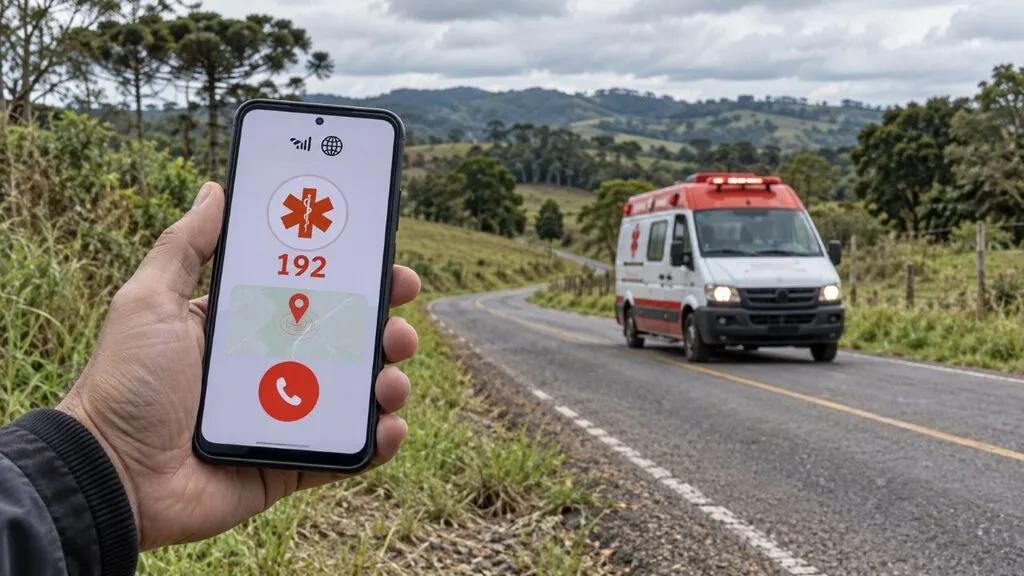Pessoa segura celular com o número 192 e ícone de localização na tela enquanto uma ambulância do Samu percorre uma estrada rural.