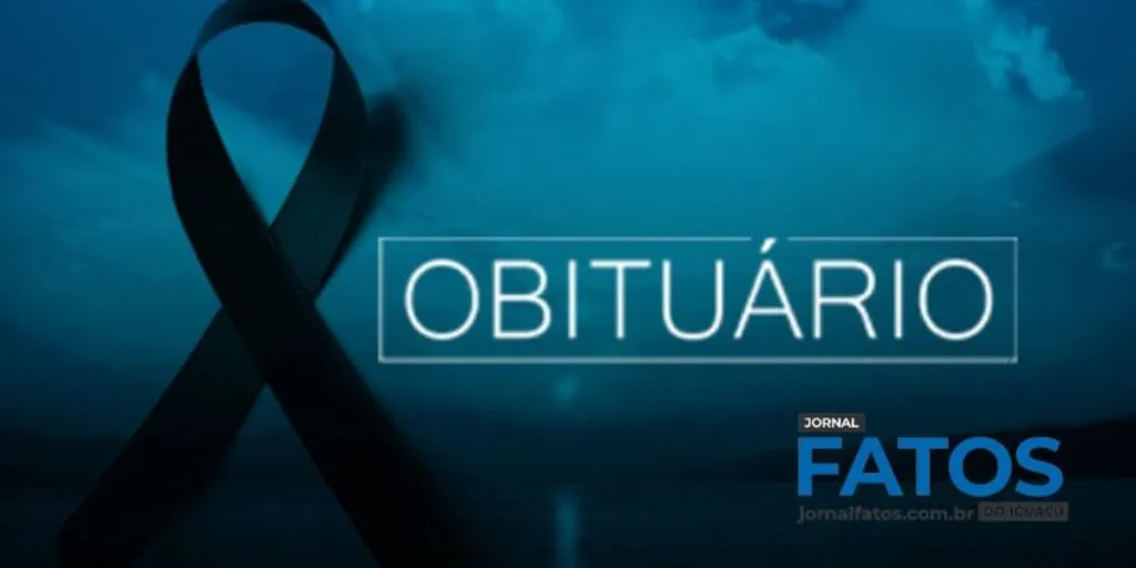 Laço preto em destaque sobre fundo em tons de azul escuro, simbolizando luto. Ao centro, a palavra "Obituário" em letras brancas dentro de uma moldura retangular. No canto inferior direito, a marca do Jornal Fatos com o endereço do Portal Fatos do Iguaçu. Arte utilizada para identificar publicações de notas de falecimento e obituários.