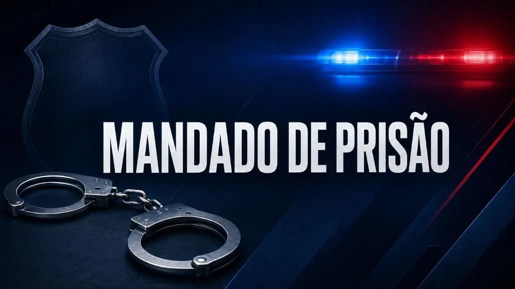 Arte ilustrativa com o título “Mandado de Prisão”, algemas, distintivo e luzes policiais vermelha e azul sobre fundo escuro.