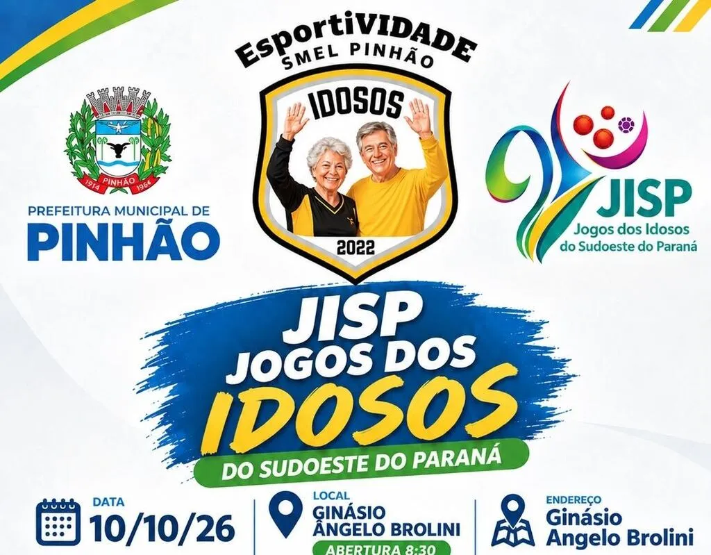 Arte de divulgação dos Jogos dos Idosos do Sudoeste do Paraná (JISP), com os símbolos da Prefeitura de Pinhão e do projeto Esportividade Idosos. Informa a realização em 10 de outubro de 2026, no Ginásio Ângelo Brolini, com abertura às 8h30.