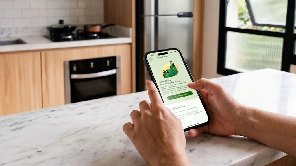 Foto em plano detalhe de uma pessoa a segurar um smartphone nas mãos sobre uma bancada de mármore branco em ambiente de cozinha. No ecrã do telemóvel, exibe-se uma aplicação com a interface de orientação financeira e a indicação "Entenda seu momento financeiro". Ao fundo, distinguem-se armários de madeira, um fogão e um frigorífico.