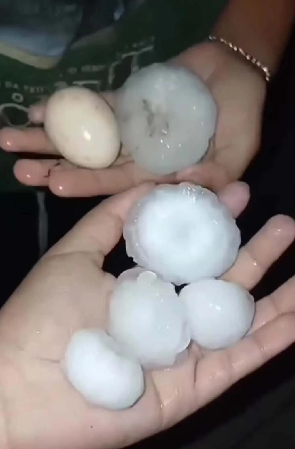 Duas mãos seguram cinco pedras de granizo de tamanhos diferentes; em uma delas, um ovo é usado para comparar o tamanho do gelo.