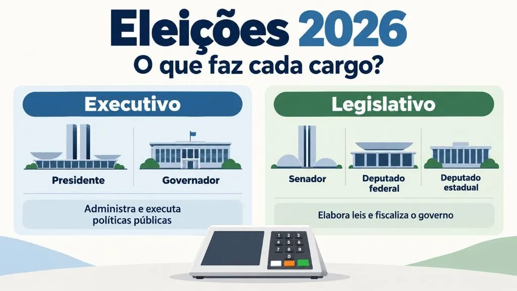 Conhecer as atribuições de presidente, governador, senadores e deputados ajuda o eleitor a avaliar propostas e acompanhar o trabalho dos representantes eleitos. Arte ilustrativa gerada por inteligência artificial.