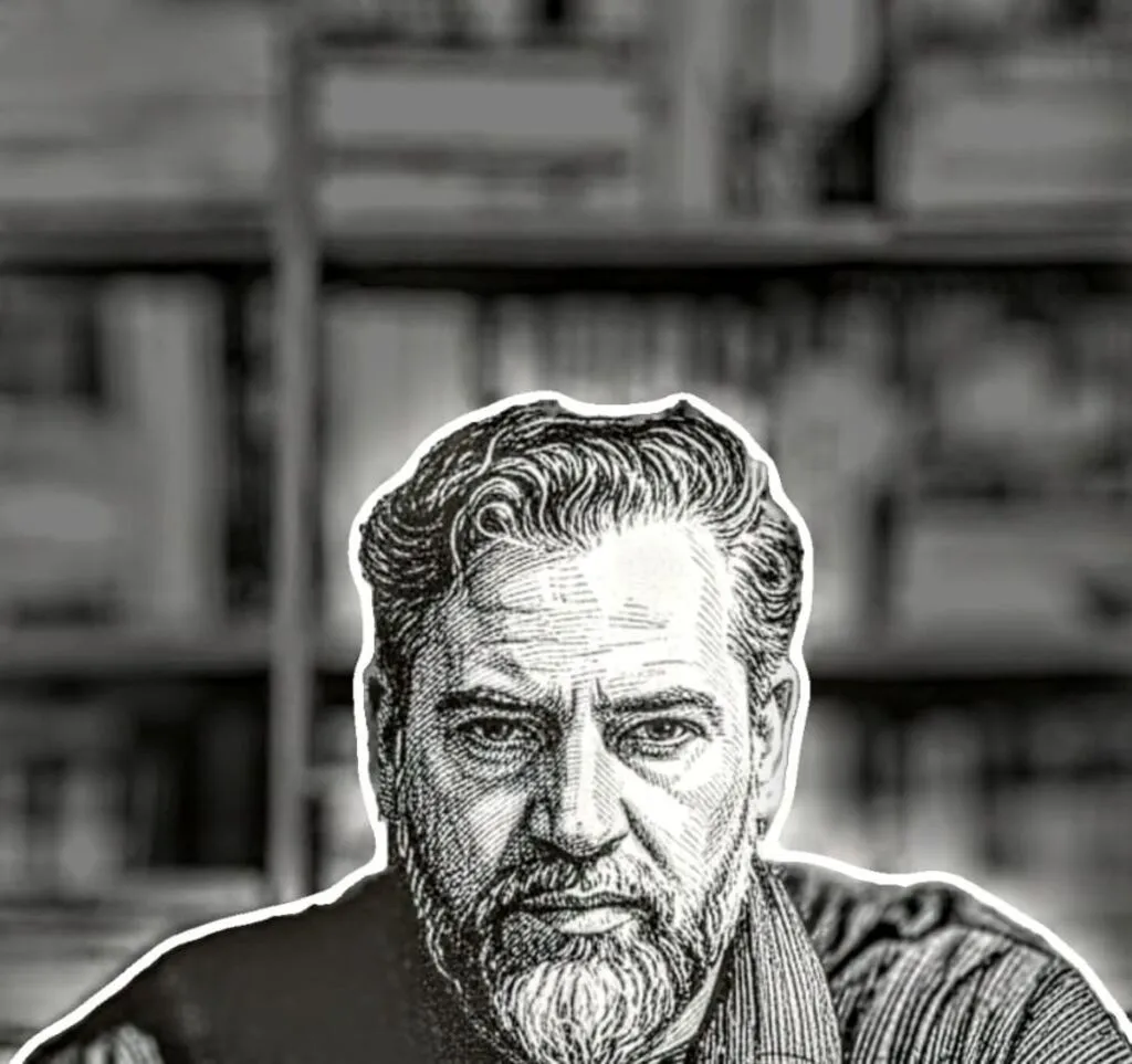 Retrato em preto e branco do professor e escritor Dartagnan da Silva Zanela, com expressão séria, barba e cabelos grisalhos. Ao fundo, desfocado, aparecem estantes repletas de livros, remetendo ao universo da literatura, da reflexão e da produção intelectual.