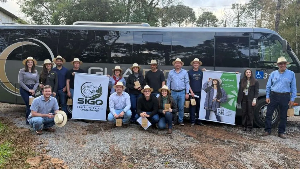Produtores rurais e representantes da CooperAliança e do Sicredi posam em frente a um ônibus, ao ar livre. Vários participantes usam chapéus de palha, e o grupo segura banners do programa SIGO, de gestão de ovinos, e do Sicredi.