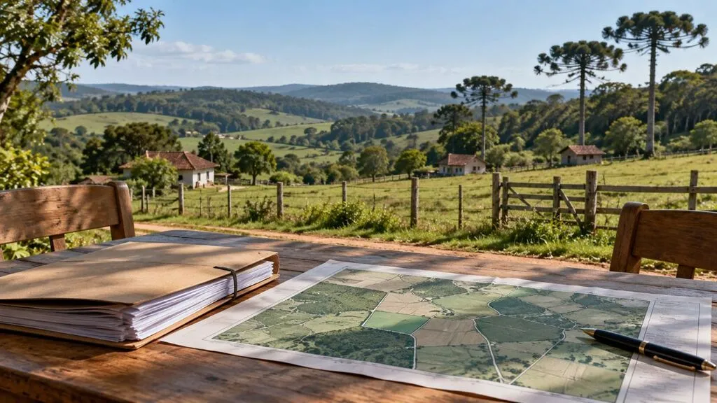Documentos, mapa e caneta sobre uma mesa de madeira, diante de uma paisagem rural com casas, cercas, campos verdes e araucárias.