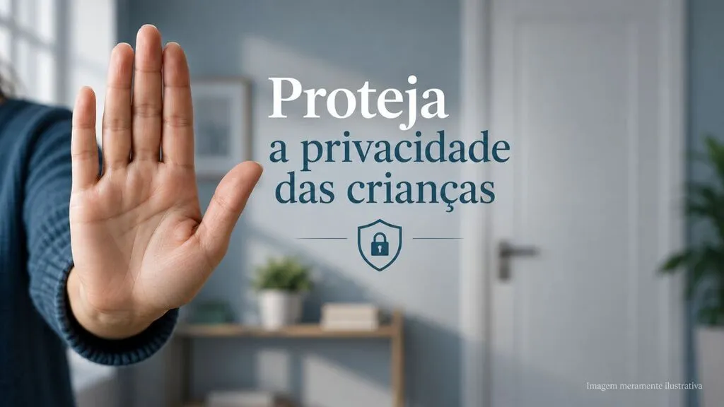 Imagem ilustrativa com mão adulta erguida em gesto de proteção, símbolo de escudo com cadeado e a frase “Proteja a privacidade das crianças”, sobre fundo doméstico desfocado.
