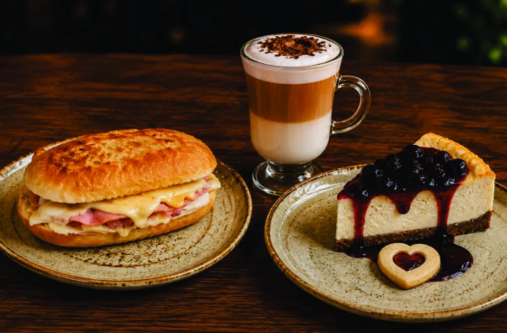 Sanduíche de presunto e queijo, bebida de café com leite em camadas e espuma e fatia de torta com cobertura de frutas escuras, acompanhada de biscoito em formato de coração, sobre mesa de madeira.