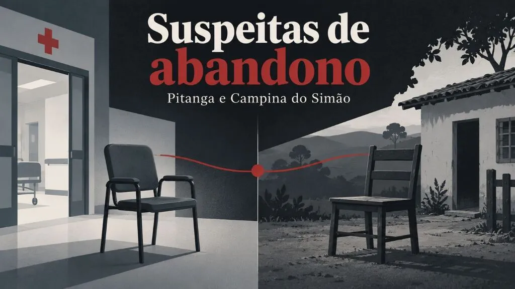 Arte ilustrativa horizontal com duas cadeiras vazias: uma diante de um hospital e outra em uma área rural. O texto destaca suspeitas de abandono em Pitanga e Campina do Simão.