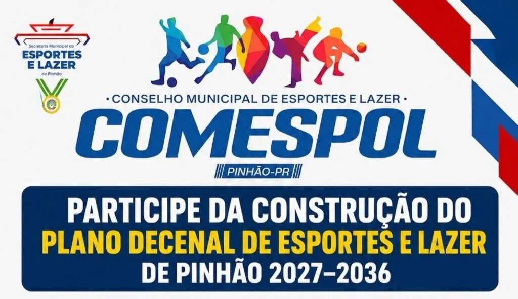 Arte do Conselho Municipal de Esportes e Lazer de Pinhão, com silhuetas coloridas representando diferentes modalidades esportivas. O texto convida a população a participar da construção do Plano Decenal de Esportes e Lazer de Pinhão 2027–2036.