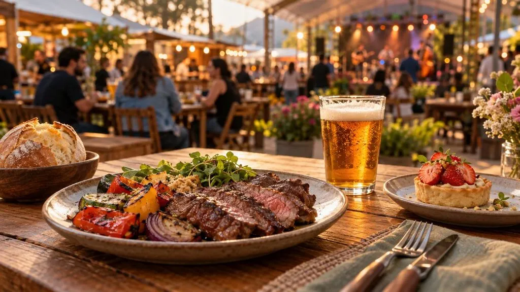 Imagem ilustrativa de uma mesa com carne assada, legumes grelhados, pão, cerveja e torta de morangos. Ao fundo, pessoas em uma feira gastronômica e um palco com músicos, desfocados.